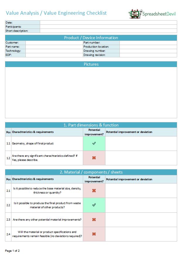 Value Analysis Value Engineering Checklist